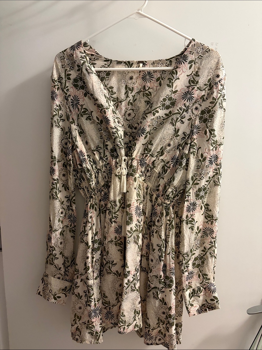 FREE PEOPLE Floral Drawstring Waist Mini Dress - Cream with Green & Pink